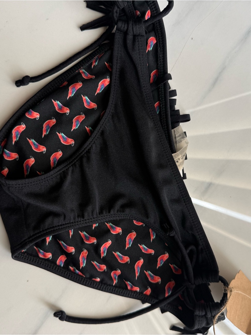 Vintage Black Bikini with Red and Blue Parrot Print